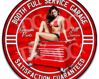 Full Service Garage Metal Sign: Pin Up Girl Auto Repair