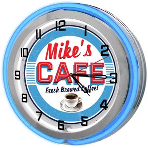 Vintage 1950's Diner Neon Clock, Cafe Diner 19" Double Neon Clock, Retro 50's Diner Neon Clock, Fresh Brewed Coffee Blue Neon Clock