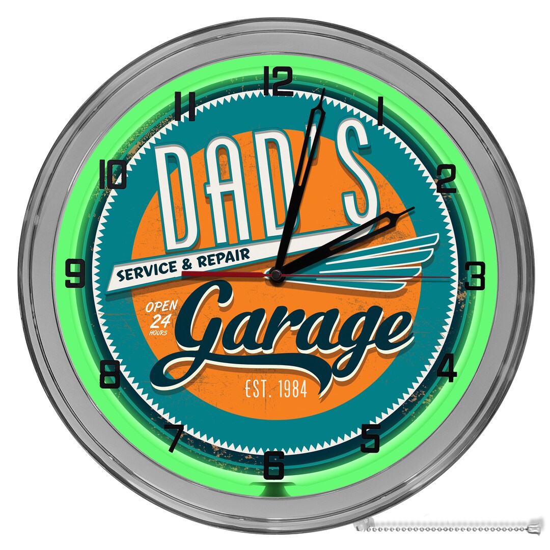 Dad's Green Garage 16 in Neon Clock, Dad's Repair Shop Light up Garage