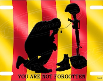 Vietnam Veteran Kneeling Flag Aluminum Tags, Patriotic License Plates