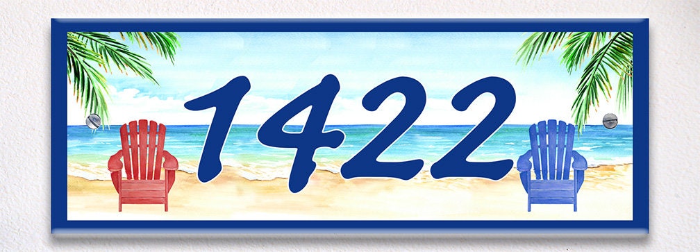 numéros de maison en céramique sur le thème la plage adirondack, plaque personnalisée plage, enseigne céramique, numéros faits à main,