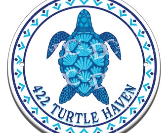 Tribal Sea Turtle Ceramic House Number Sign: Personalized Address Tile