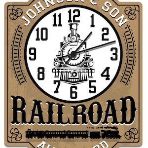 May include: A vintage-style clock with a train engine design. The clock face is white with black numbers and hands. The clock is surrounded by a brown frame with the text "JOHNSON & SON" and "RAILROAD" in a stylized font. The bottom of the clock reads "ALL ABOARD".