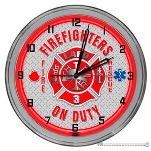 May include: A red and silver clock with a firefighter theme. The clock face has a red fire department logo with a ladder, axe, and fire hydrant. The clock face also has the words "FIREFIGHTERS", "LAD", "FIRE", "RESCUE", "ON DUTY", and the numbers 1 through 12.