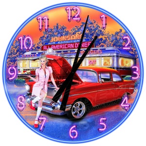 Retro Diner Customized Neon Themed Clock, Vintage Drive In Diner Clock, 50's Diner Clock, Retro Diner Customized Clock,