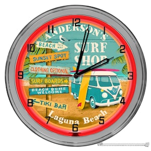 Surf Shop Customized 16 In Neon Clocks, Surfboard Beach Themed Clocks, Surfing Neon Clocks, Customized Surfer Signs,