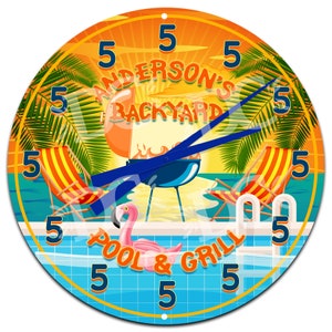 Backyard Tiki Bar Sunset Clock, Pool Bar Décor, Backyard Pool Sign Clock Ideas, Pool Area Clocks, Customized Tiki Bar Clock,