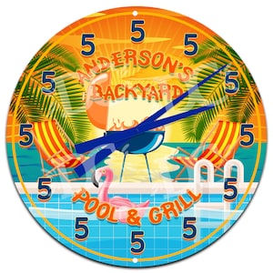 Könnte beinhalten: Eine runde Uhr mit einem blauen Pool, einem rosafarbenen Flamingo und einem Grill. Das Zifferblatt der Uhr trägt den Text "Anderson's Backyard Pool & Grill" und die Zahlen 5 am Rand.