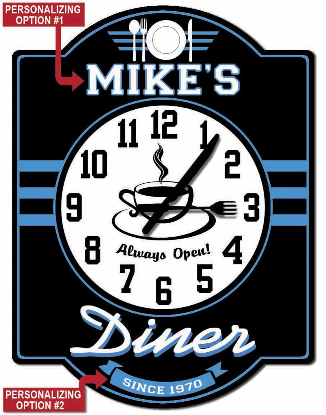 Vintage Diner Custom Wall Clock, Restaurant Clocks, Diner Décor, Retro