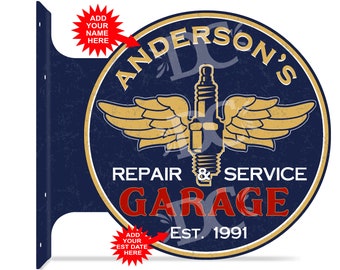 Personalized Mechanic Garage Flange Sign, Vintage Style Aluminum
