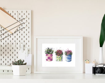 Recycled Can Planter - Giclée Print of original Watercolour sketch