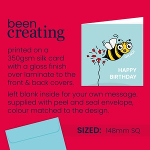 May include: A blue and yellow cartoon bee with big eyes is flying away from a red firework explosion. The card says "Happy Birthday" and "Oh No!" The card is printed on 350gsm silk card with a gloss finish and is sized 148mm square.