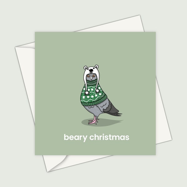 Pigeon Christmas Card | Cute Animal Christmas Cards | Bear Hat | Beary Christmas | Family Cards | Christmas Cards For Kids | Green