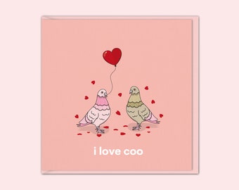May include: A pink and a brown pigeon with a red heart balloon between them. The pigeons are surrounded by small red hearts. The text "i love coo" is below the pigeons.