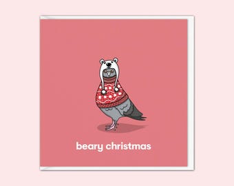 Pigeon Christmas Card | Cute Animal Christmas Cards | Bear Hat | Beary Christmas | Family Cards | Christmas Cards For Kids