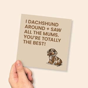 May include: A brown and white dachshund dog sits on a beige background. The text reads "I dachshund around + saw all the mums. You're totally the best!"