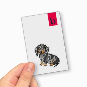 May include: A sticker of a cartoon dachshund with a grey, black, and tan spotted coat. The sticker is on a white card with a red rectangle and the letter "b". The card is held by a hand.