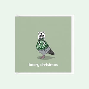 Carte de Noël de pigeon | Cartes de Noël animales mignonnes | Bonnet d'ours | Noël Beary | Cartes de famille | Cartes de Noël pour enfants | Vert