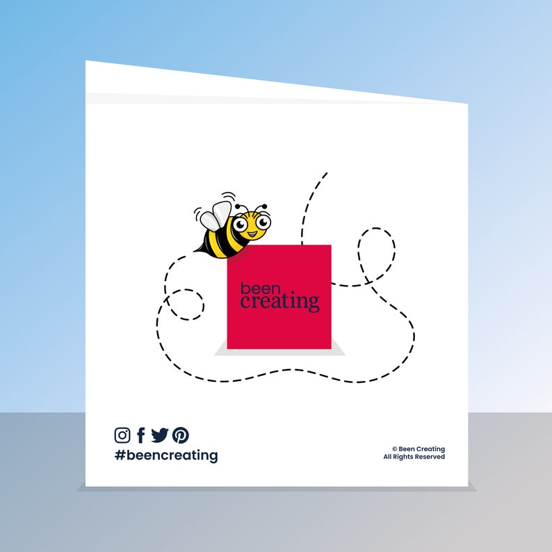 May include: A white card with a red square that says "been creating" and a cartoon bee flying towards it. The bee is yellow and black with white eyes. The card also has social media icons and the hashtag #beencreating.