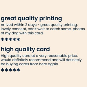 May include: A customer review for a product, likely a card or invitation, with the text "great quality printing" and "high quality card". The review praises the quality of the printing and the card itself, mentioning a fast delivery time and a reasonable price.