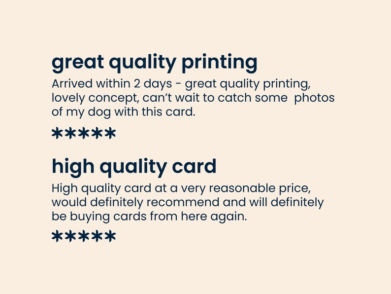 May include: A customer review for a product, likely a card or invitation, with the text "great quality printing" and "high quality card". The review praises the quality of the printing and the card itself, mentioning a fast delivery time and a reasonable price.
