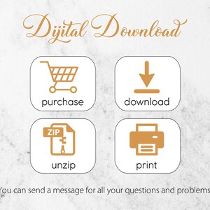 May include: A digital download guide with four icons: a shopping cart, a download arrow, a zipped file, and a printer. The text "Dijital Download" is at the top of the image. The text "You can send a message for all your questions and problems." is at the bottom of the image.