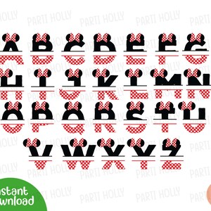 May include: A set of 26 alphabet letters in black with red and white polka dot accents. Each letter is split in half with a pair of Minnie Mouse ears on top. The letters are in uppercase.