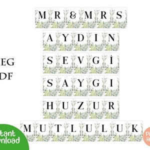 May include: A printable set of 8 cards with a floral design and the words "MR & MRS", "AYDIN", "SEVGI", "SAYGI", "HUZUR", and "MUTLULUK" in black text.