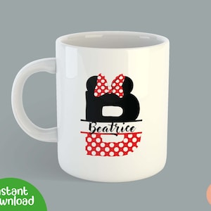 May include: White ceramic mug with a black letter B with red polka dots and a red bow. The name Beatrice is written below the letter.