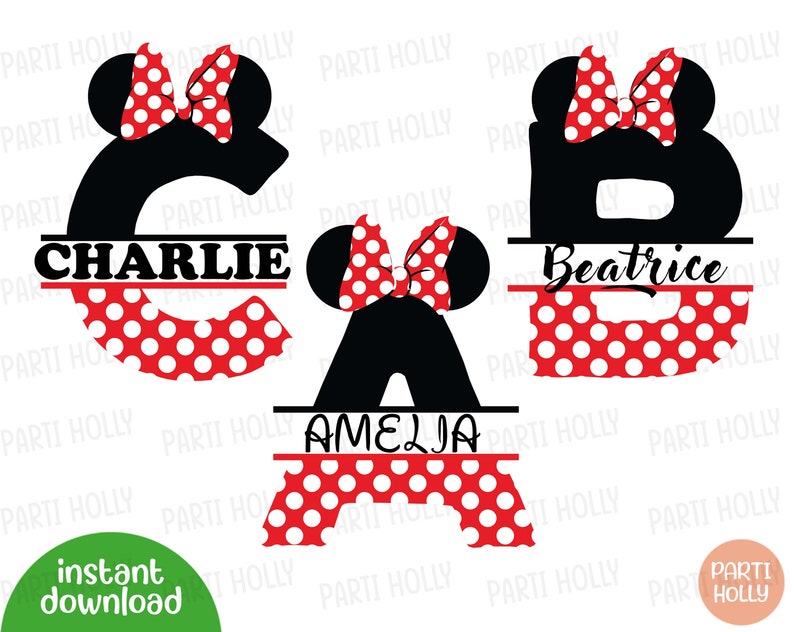 May include: Three personalized Minnie Mouse-themed letters, C, B, and A, with red and white polka dot patterns and black outlines. The letters are decorated with Minnie Mouse ears and a red bow. The names Charlie, Beatrice, and Amelia are written below the letters.