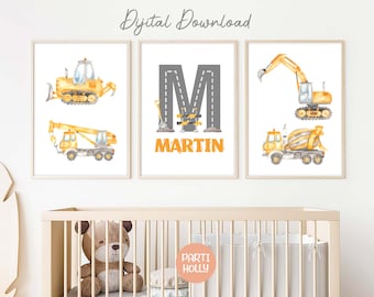 Watercolor Construction Vehicles Kids Room Wall Art, Boy Room Decor, Trucks Wall Art, Construction Vehicle Prints, Dijital Download