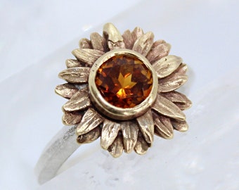 Sunflower ring, citrine gemstone ring, flower ring, botanical ring, floral ring, November birthstone