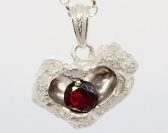 Garnet heart pendant, sterling silver heart pendant