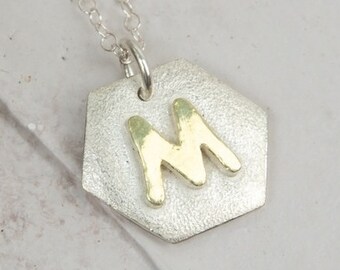 M initial necklace, gold M letter necklace, mom silver charm