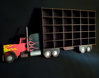 May include: A red and black toy truck with flames on the side, pulling a wooden shelf unit with multiple compartments. The truck has black wheels and a white steering wheel.