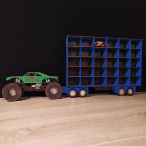 Monster truck holder Shelf, Hot wheels shelf, 1:64 scale display, Wood organizer for car models, wall mounted storage