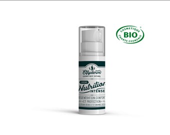 May include: A white bottle of Elfyderm Nutrition Intense cream with a green label. The label says "Cosmetique Naturel" and "Creme Nutrition Intense". The bottle is on a white background. The text on the label says "Regeneration, Confort et Protection" and "Peaux Seches et a Tendance Seche".