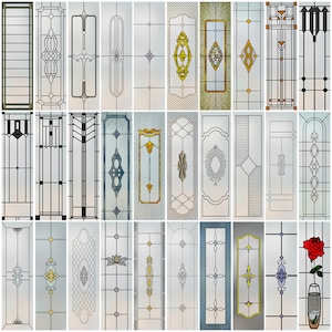 Peut inclure: Une collection de 24 motifs de vitraux présentant divers motifs géométriques et floraux. Les motifs sont de différentes couleurs, notamment le noir, le blanc, le gris, le bleu, le vert et le jaune.