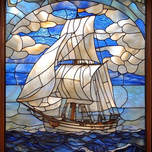 Custom Sailboat Stained Glass Window Film Nautical Privacy Decorative Cling Static Non-Adhesive Ocean Style