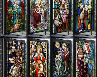 Custom Size Stained Glass Window Film – Jesus Christ and Virgin Mary, European Church Style Door Sticker