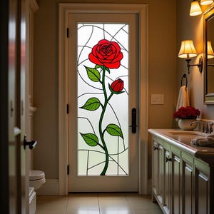 Red Tulip Floral Stained Glass Window Film for Door - Elegant Privacy Static Cling Panel for Bathroom or Entryway - Custom Size Available