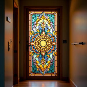 Sunburst Mandala Stained Glass Window Film – Vibrant Static Cling Privacy Cover for Doors & Entryways – Custom Size Available