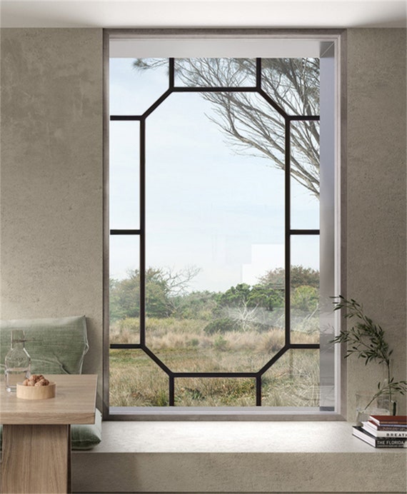 Stained Glass Window Film Transparent Glass Sticker Static Cling Iron Style  Black Line Office Door Anticollision Home Decor 