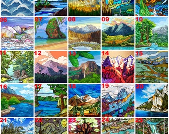 Custom Size Glass Films,Large Selection of Landscape painting Stained Glass Window Films,Tree,Mountain,Rivers,Cloud