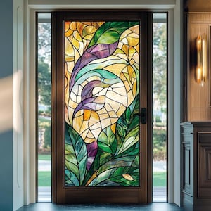 Custom Botanical Stained Glass Window Film Privacy Decorative Door Cling Leaf Design Static Non-Adhesive