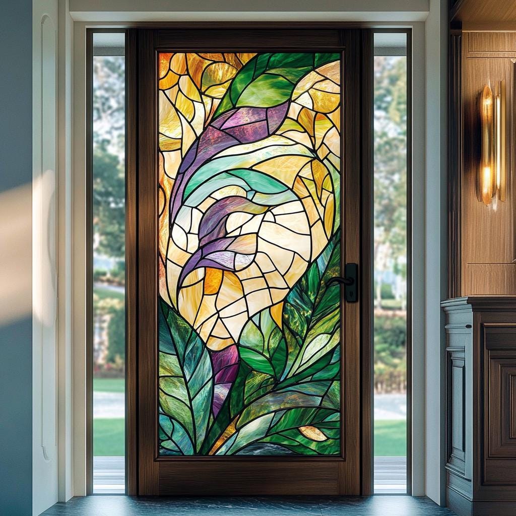 Custom Botanical Stained Glass Window Film Privacy Decorative Door Cling Leaf Design Static Non-Adhesive