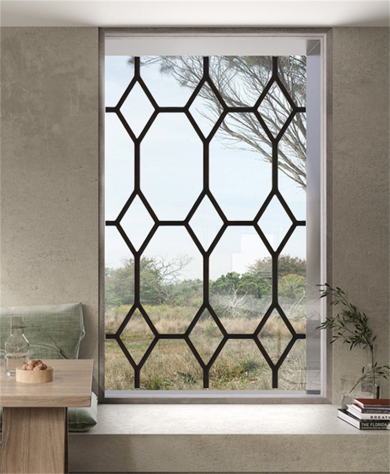 Stained Glass Window Film Transparent Glass Sticker Static Cling Iron Style Black Line Office Door Anticollision Home Decor image 9