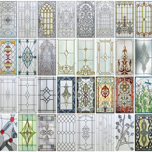 May include: A collection of 36 stained glass window designs featuring various geometric patterns, floral motifs, and abstract shapes. The designs are in a variety of colors, including red, blue, green, yellow, and white.