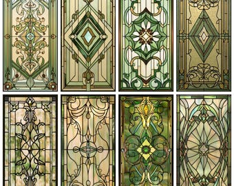 Art Nouveau Floral Stained Glass Window Film – Decorative Privacy Panel with Green Scrolls and Flower Bloom – Static Cling for Windows