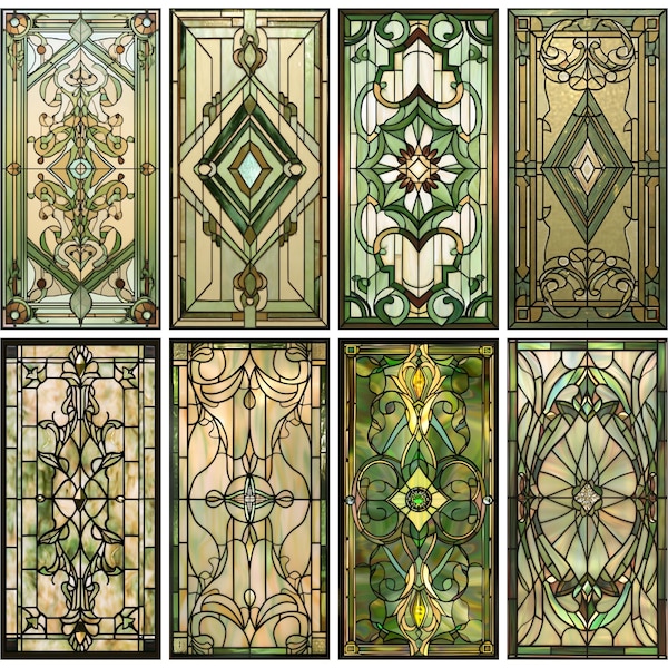 Folia witrażowa w stylu secesyjnym z motywem kwiatowym – dekoracyjny panel zapewniający prywatność z zielonymi zwojami i kwiatowym rozkwitem – statyczna folia do okien